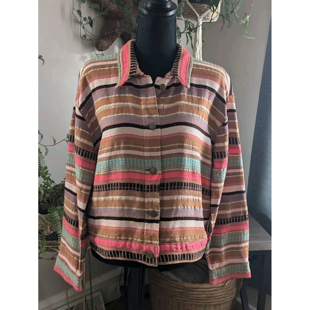 Saltwater Luxe Women's Large Vibrant Striped Metallic Button Front Cotton Jacket